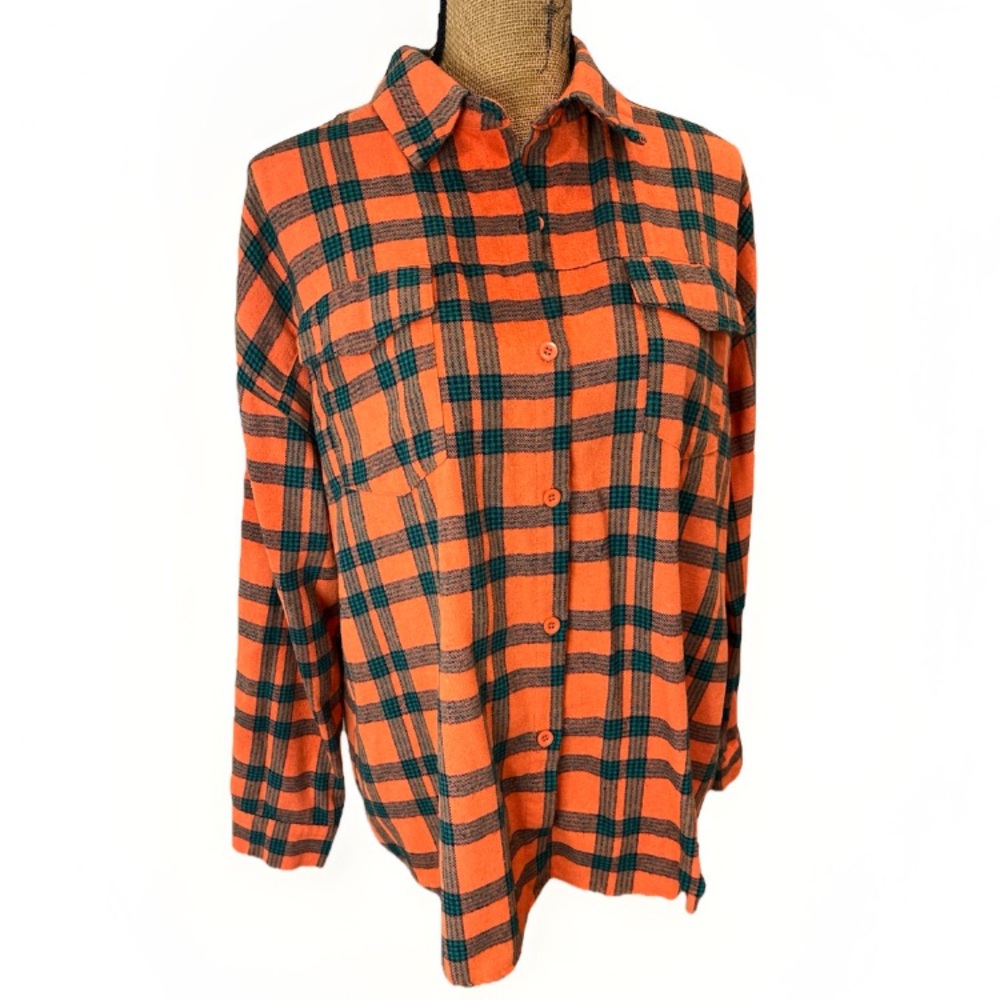 Blush Mark Relaxed Fit Button Down Flannel Shirt 90s Orange Plaid Size Large